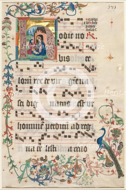 Leaf from an Antiphonary: Initial H with the Nativity (recto), c. 1480. Creator: Unknown.