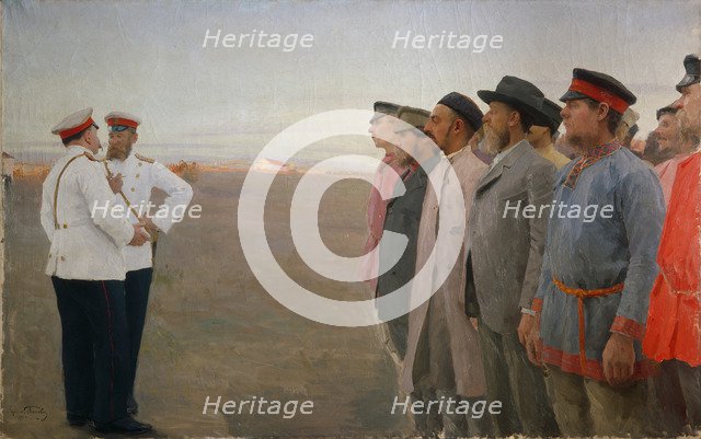 The recruitment, 1904. Artist: Popov, Lukian Vasilyevich (1873-1914)