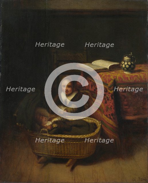 A Little Girl rocking a Cradle, c. 1655. Artist: Maes, Nicolaes (1634-1693)