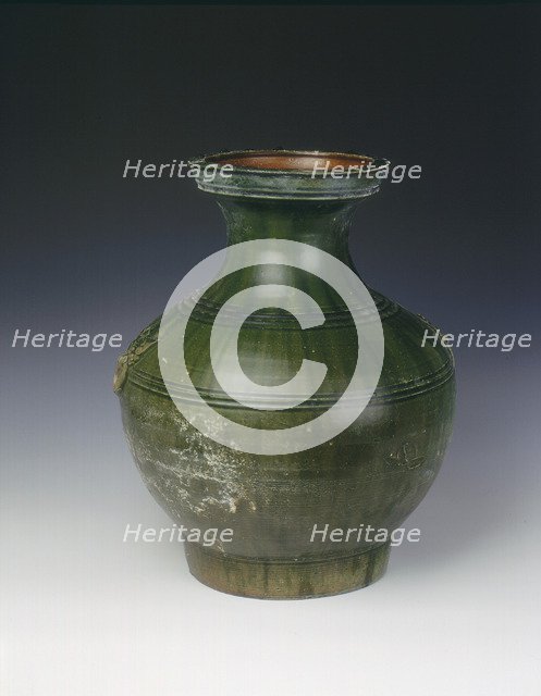 Han green lead glaze circular hu vase, Han dynasty, China, 202 BC-220 AD. Artist: Unknown