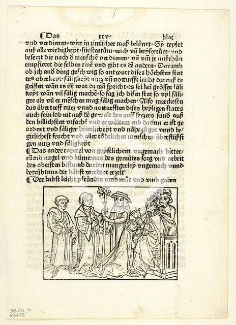 A Pope Installing a Bishop from Speculu humane vite (Mirror of Human Life), Plate 7..., 1929. Creators: Unknown, Peter Berger, Rodrigo Sánchez de Arévalo, Wilhelm Ludwig Schreiber.