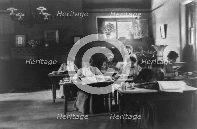 Seven women working in Roycroft shop, E. Aurora, N.Y., 1900. Creator: Frances Benjamin Johnston.
