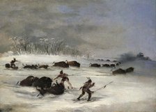 Sioux Indians on Snowshoes Lancing Buffalo, 1846-1848. Creator: George Catlin.