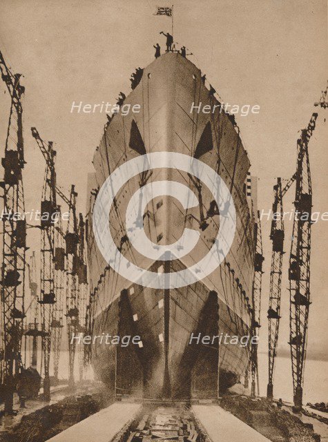 Launch of the Cunard ocean liner `Queen Mary`, 1934 (1935).  Artist: Unknown.