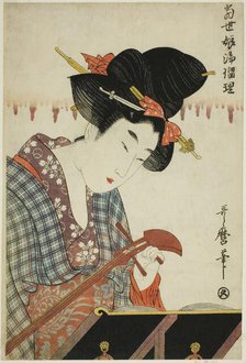 Turning a Shamisen (Shamisen no nejime), from the series "Chanting to Shamisen by..., c. 1804/06. Creator: Kitagawa Utamaro.