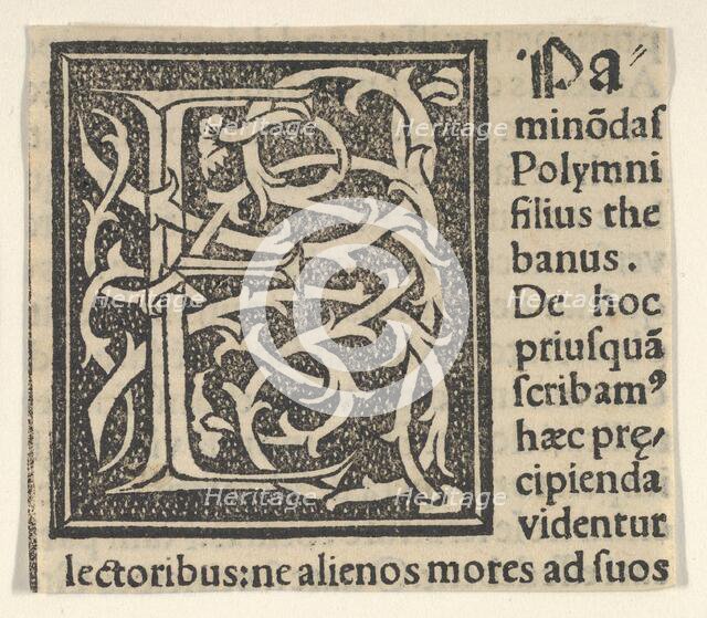 Initial letter E on patterned background, 1520., 1520. Creator: Anon.