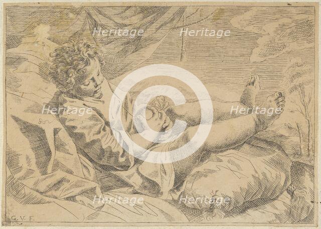 A child sleeping on a cushion, holding a piece of fruit (?), a curtain behind him,..., 17th century. Creator: Anon.
