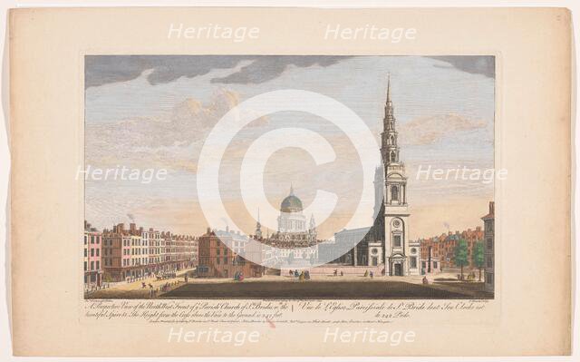 A perspective view of the north west front of ye parish church of St. Brides', London, 1753. Creator: Thomas Bowles.