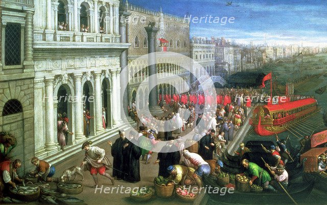 The Riva degli Schiavoni in Venetia, Venice view, at left the Palace of the Duce and Zecca, at ri…