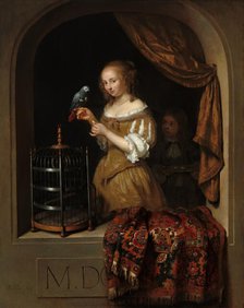 A Woman Feeding a Parrot, with a Page, 1666. Creator: Gaspar Netscher.