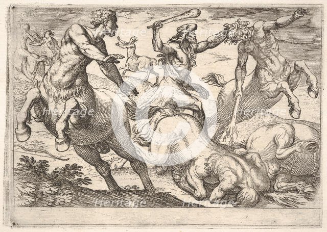 Hercules and the Centaurs: Hercules holds the head of a centaur with his left hand and rai..., 1608. Creator: Antonio Tempesta.