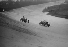 Bugatti and Bentley of Eddie Hall racing at a BARC meeting, Brooklands, Surrey, 1931 Artist: Bill Brunell.