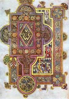 Opening words of St Luke's Gospel Quoniam from the Book of Kells, c800. Artist: Unknown