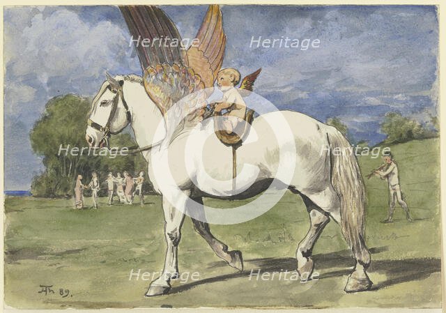 Cherub on Pegasus, 1889. Creator: Hans Thoma.