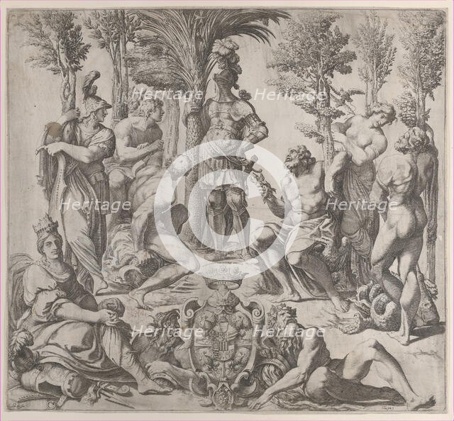 Allegorical composition with six Olympian gods gathered around a figure in armor, 1615-35., 1615-35. Creator: Oliviero Gatti.