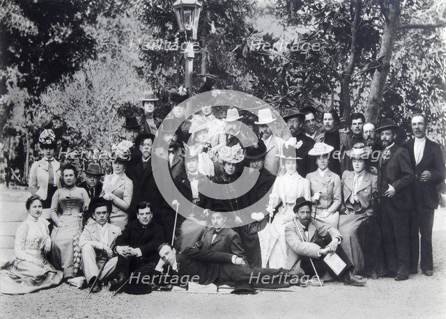 Author Maxim Gorky and Anton Chekhov between the actors of the Moscow Art Theatre, 1900. Artist: Unknown