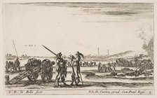 Plate 3: An officer giving orders to a soldier in centre foreground, cannon at left, f..., ca. 1641. Creator: Stefano della Bella.