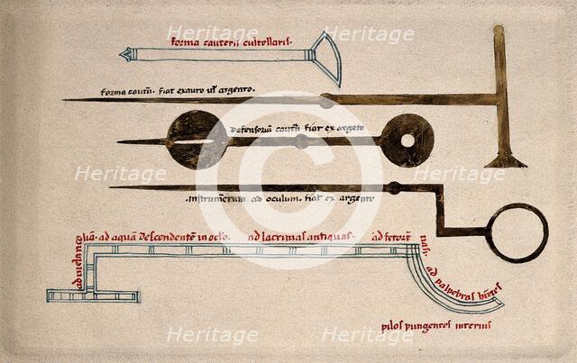 Surgical instruments, including cauterising needles. Creator: Unknown.