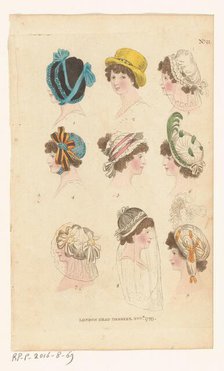 Magazine of Female Fashions of London and Paris, No. 21: London Head Dresses, Nov. 1799, 1799. Creator: Unknown.