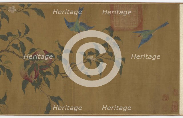 Birds among peach branches, Qing dynasty, (18th century?). Creator: Unknown.