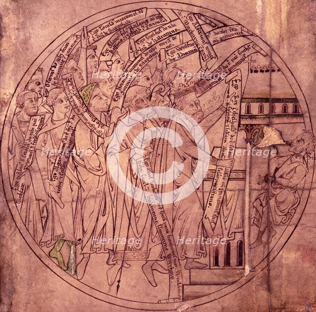 Benefactors placing records of their gifts on the altar of Crowland Abbey, Lincolnshire, c1210.  Creator: Unknown.