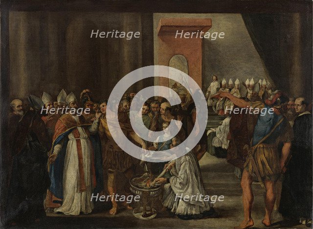 Emperor Constantine burning Arian books, 1640s. Artist: Magnone, Carlo (?-1653)