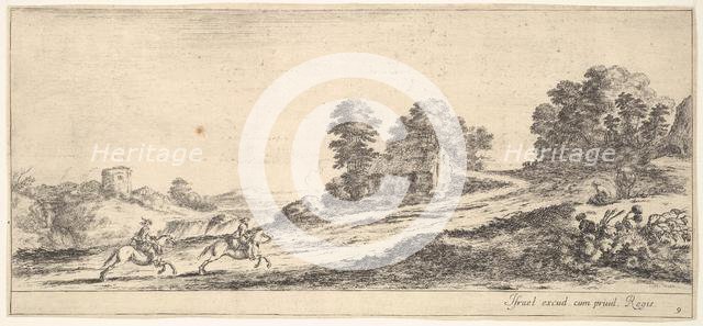 Plate 9: two horsemen at left galloping uphill towards the right, a horse and seated m..., ca. 1641. Creator: Stefano della Bella.