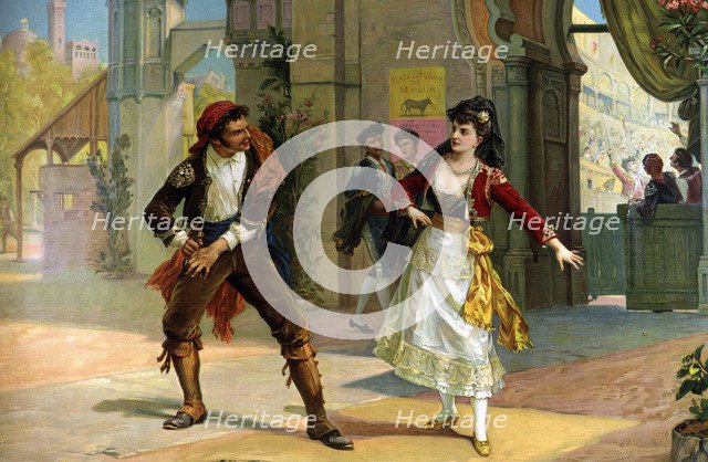 German Lithograph, 1900, drawing by Luigi Morgani with a scene from the opera 'Carmen' by Georges…