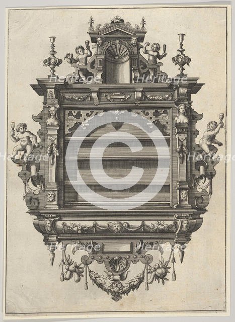 Wall-mounted Shelf Unit from 'Verscheyden Schrynwerck (...)' ['Plusieurs Menuiseries (...)'], 1658. Creator: Paul Vredeman de Vries.