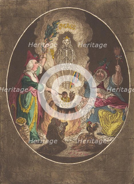A Phantasmagoria;—Scene-Conjuring-Up an Armed-Skeleton, January 5, 1803., January 5, 1803. Creator: James Gillray.