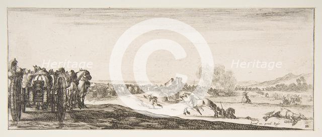 A procession of horse-drawn cannon carriages to left, horsemen in combat and a dead ho..., ca. 1641. Creator: Stefano della Bella.