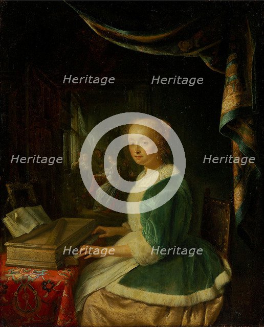 A young lady playing a clavichord.