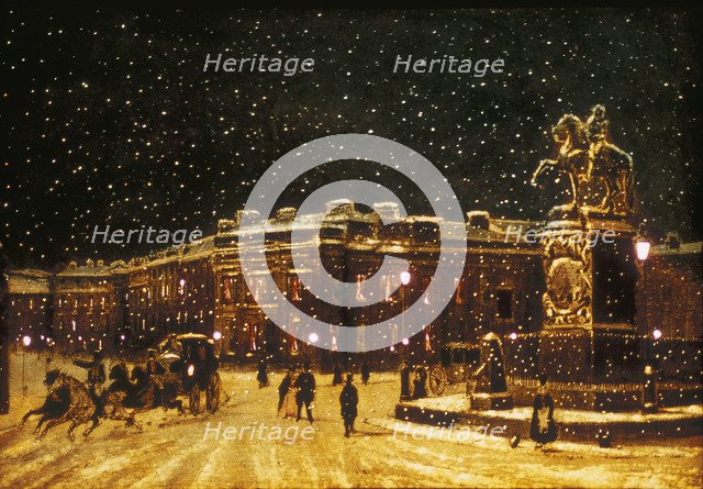 View of snow falling at Charing Cross at night, c1851. Artist: Anon