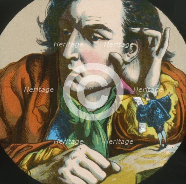 Gulliver listens to a Lilluputian reading a proclamation, lantern slide, late 19th century.  Creator: Unknown.