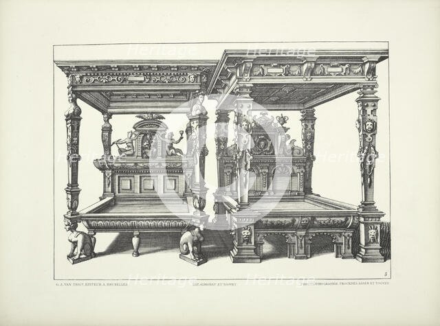 Two designs for four-poster beds with carved figures and faces on headboards, one with..., c1869. Creator: Unknown.