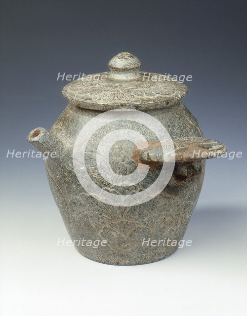 Steatite ewer and cover with cabbage-like foliage in low relief, Late Tang dynasty, 9th century. Artist: Unknown