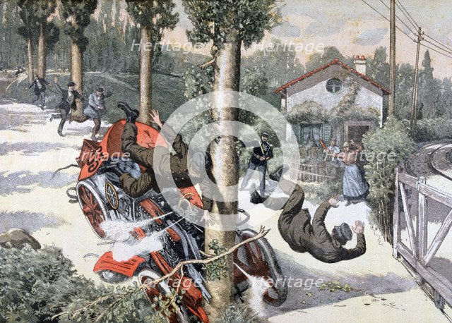A terrible accident, Paris to Madrid race, 1903. Artist: Unknown