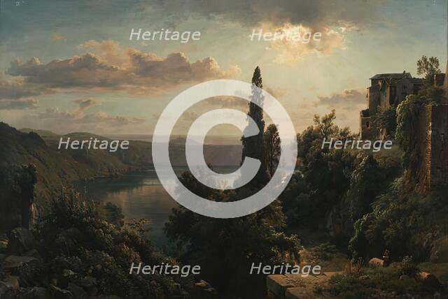 View of Lake Nemi in the Alban Mountains near Rome, 1850. Creator: Louis Gurlitt.