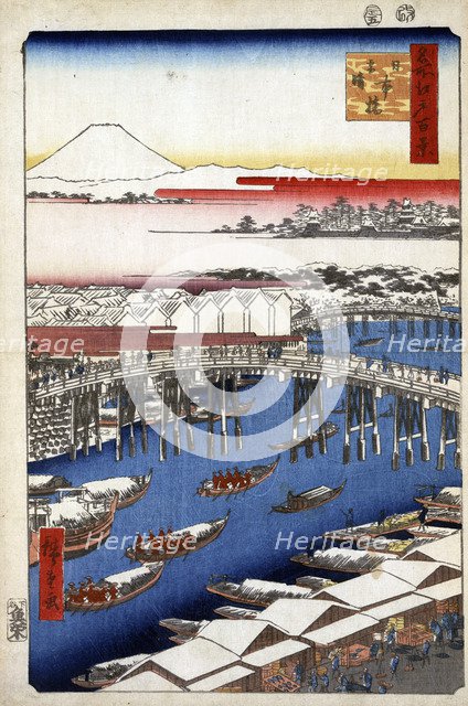 Clearing Weather after Snow at Nihon Bridge, (One Hundred Famous Views of Edo), 1856-1858. Creator: Hiroshige, Utagawa (1797-1858).