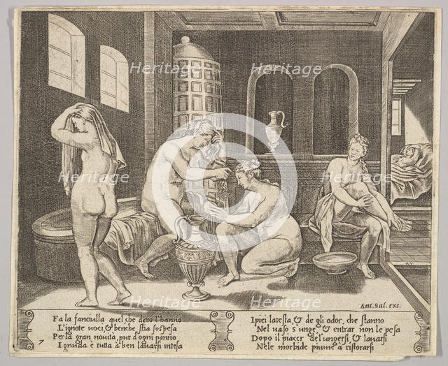 Plate 7: Psyche attended in her bath by nymphs, in the background right Psyche repr..., ca. 1520-36. Creator: Agostino Veneziano.