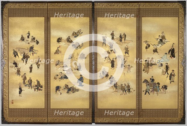 Screen depicting the four classes of Edo Japan, c. 1893 ; Meiji Period (1868 - 1912). Creator: Seppo.