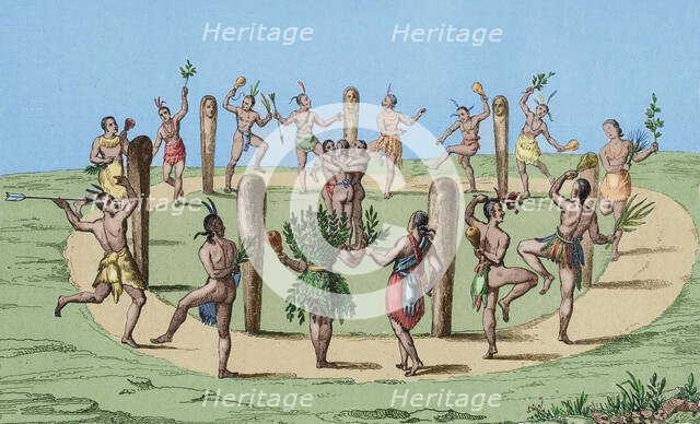 Native American dance, Virginia, 16th century, (1836), (1850). Creator: Emile Louis Vernier.