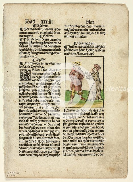 The Parable of the Unjust Steward from Plenarium, Plate 14 from Woodcuts from Books..., 1929. Creators: Unknown, Johann Schönsperger the Elder, Wilhelm Ludwig Schreiber.
