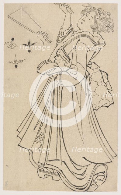 Girl playing with a battledore and shuttlecock, late 18th-early 19th century. Creator: Hokusai.