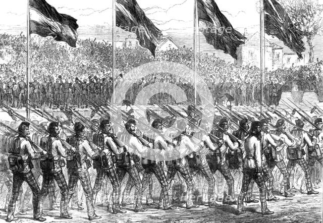 Return of troops from Ashantee: Black Watch (42nd Highlanders) marching to Governor’s Green..., 1874 Creator: Unknown.