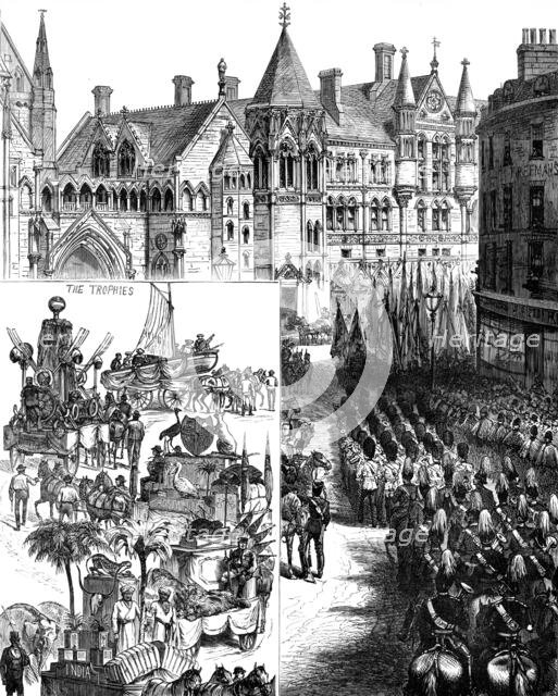 Lord Mayor's Day: procession waiting outside the new Law Courts - Indian and Colonial Trophies, 1883 Creator: Unknown.