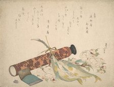 Still Life: Double Cherry-Blossom Branch, Telescope, Sweet Fish, and Tissue Case, c..., ca. 1804-13. Creator: Hokusai.
