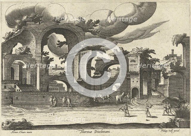 Ruins of the Baths of Diocletian from the side with two men playing croquet in the foreground, 1585. Creator: Cleve, Hendrik van, III (ca 1525-1590).