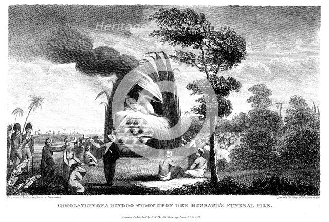 Widow of a Brahmin committing suttee on her husband's funeral pyre, India, 1815. Artist: Unknown