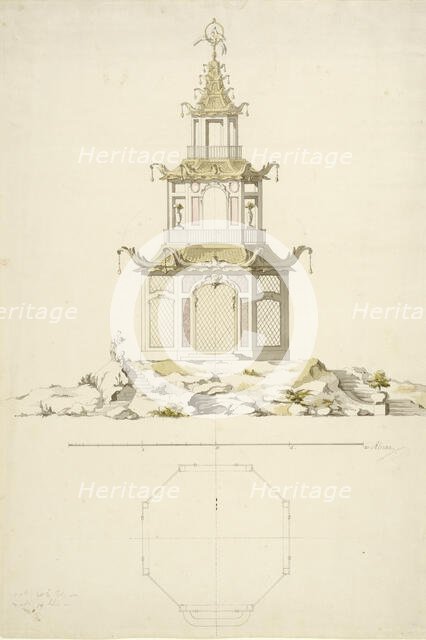 Aviary at Kina Castle, Drottningholm - Facade and plan, c1758. Creator: Carl Fredrik Adelcrantz.